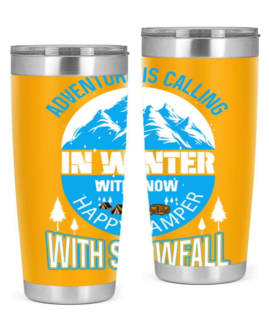 Camping Winter 39# Tumbler in stainless steel with a drink-thru lid, showcasing its sleek design and double wall insulation.